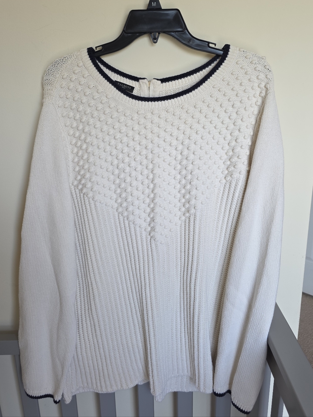 Talbots Cotton Cream Cable KnitTextured Bobble Sweater with Navy Trim Size 2X